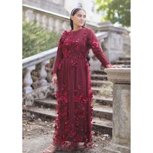 Dainty Jewells Whisked Away Dress Burgundy 3D Floral Applique Tulle Maxi Gown L